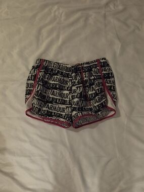 Under Armour Women’s Black & White Logo Running Shorts with Pink Trim